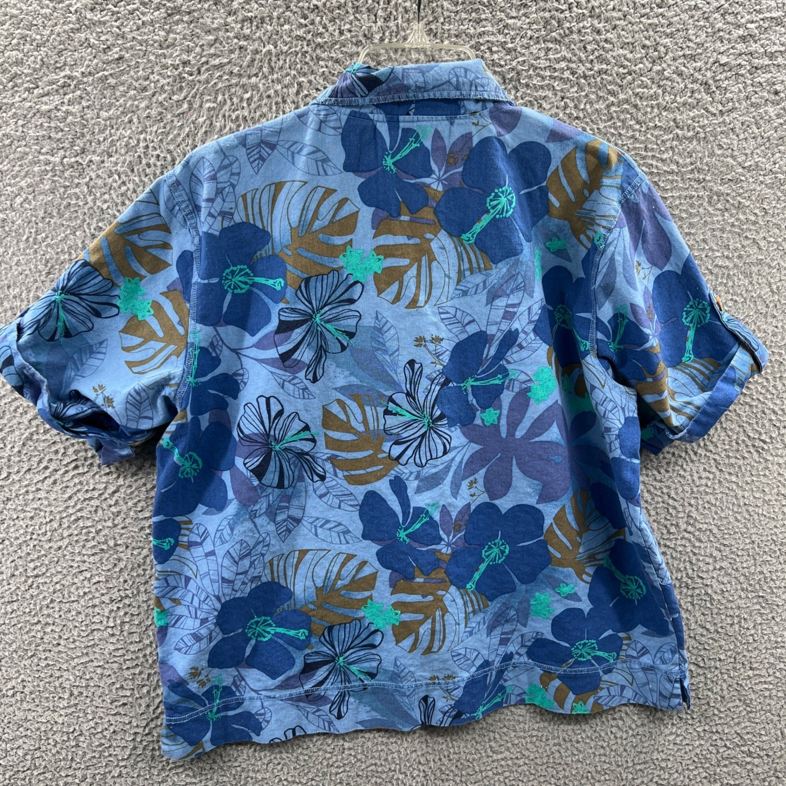 Oleg Cassini Womens Linen Blend Shirt L Tropical Floral Resort Coastal Vacation