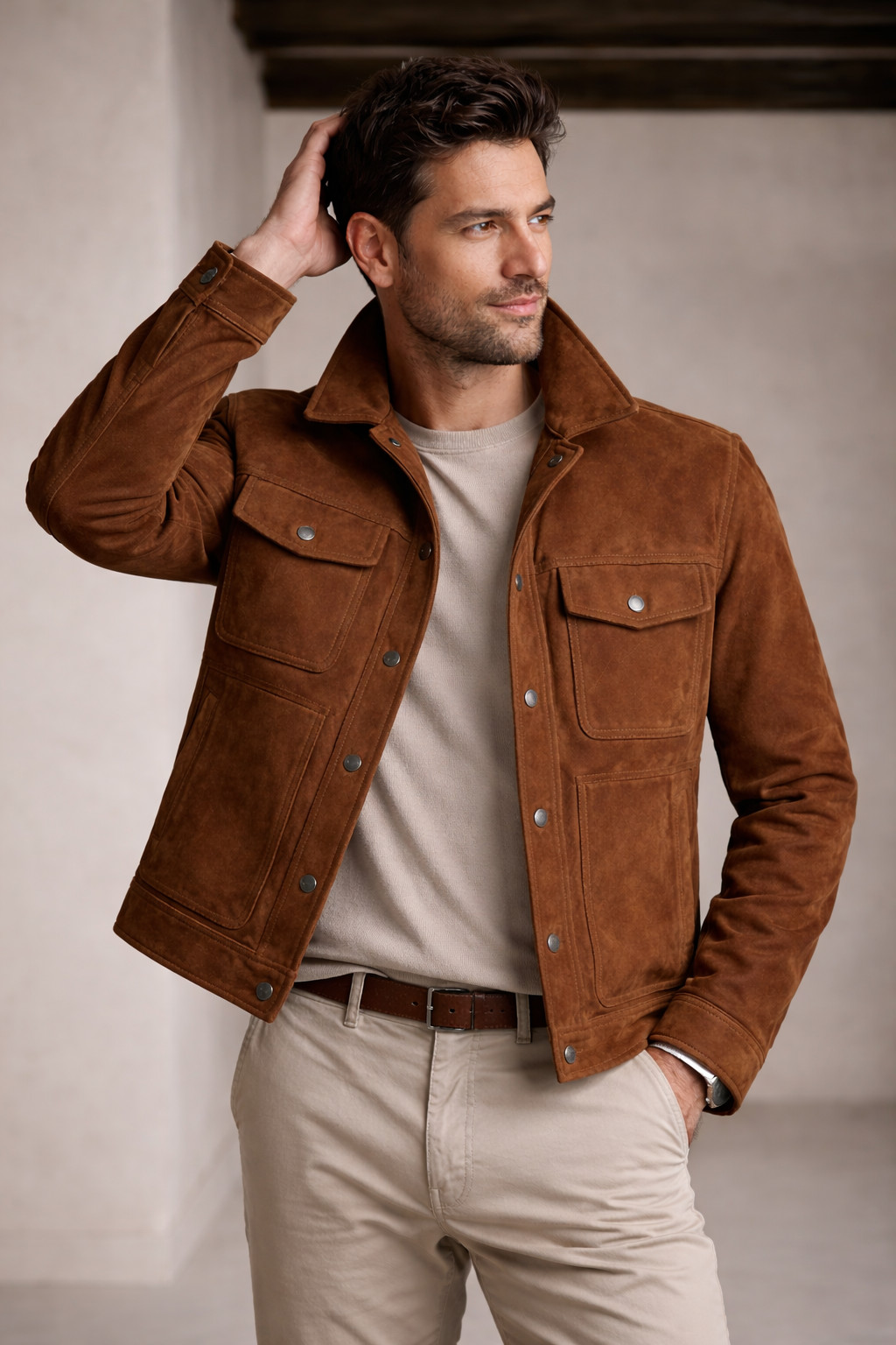 Men’s Genuine Brown Suede Leather Jacket – Western Classic – Button Shirt Coat