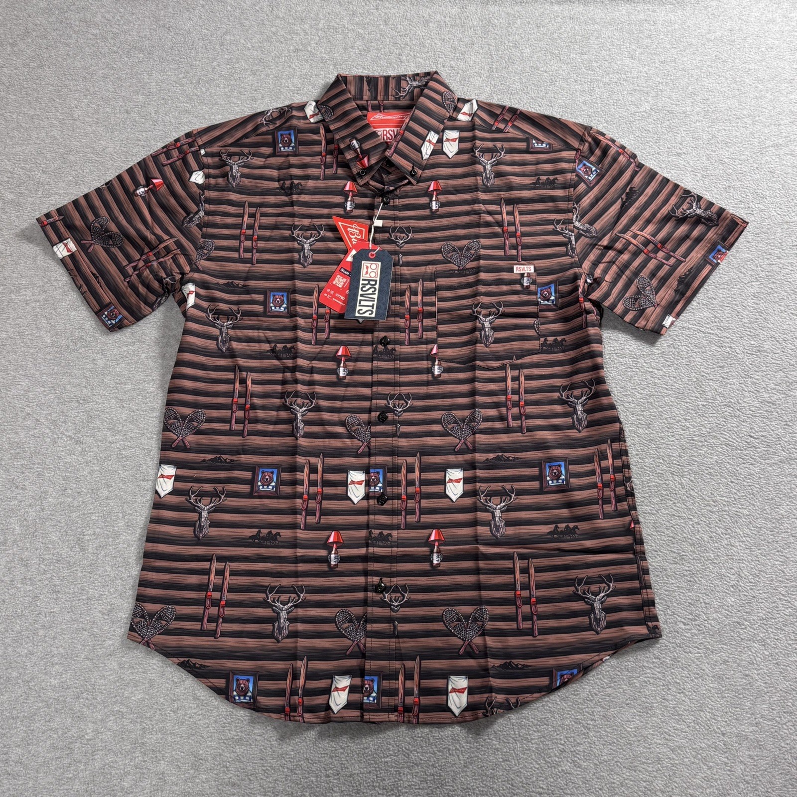 NWT RSVLTS Men’s BUDWEISER SKI LODGE BUCK RARE KUNU SHIRT LARGE Dad Comfort Beer