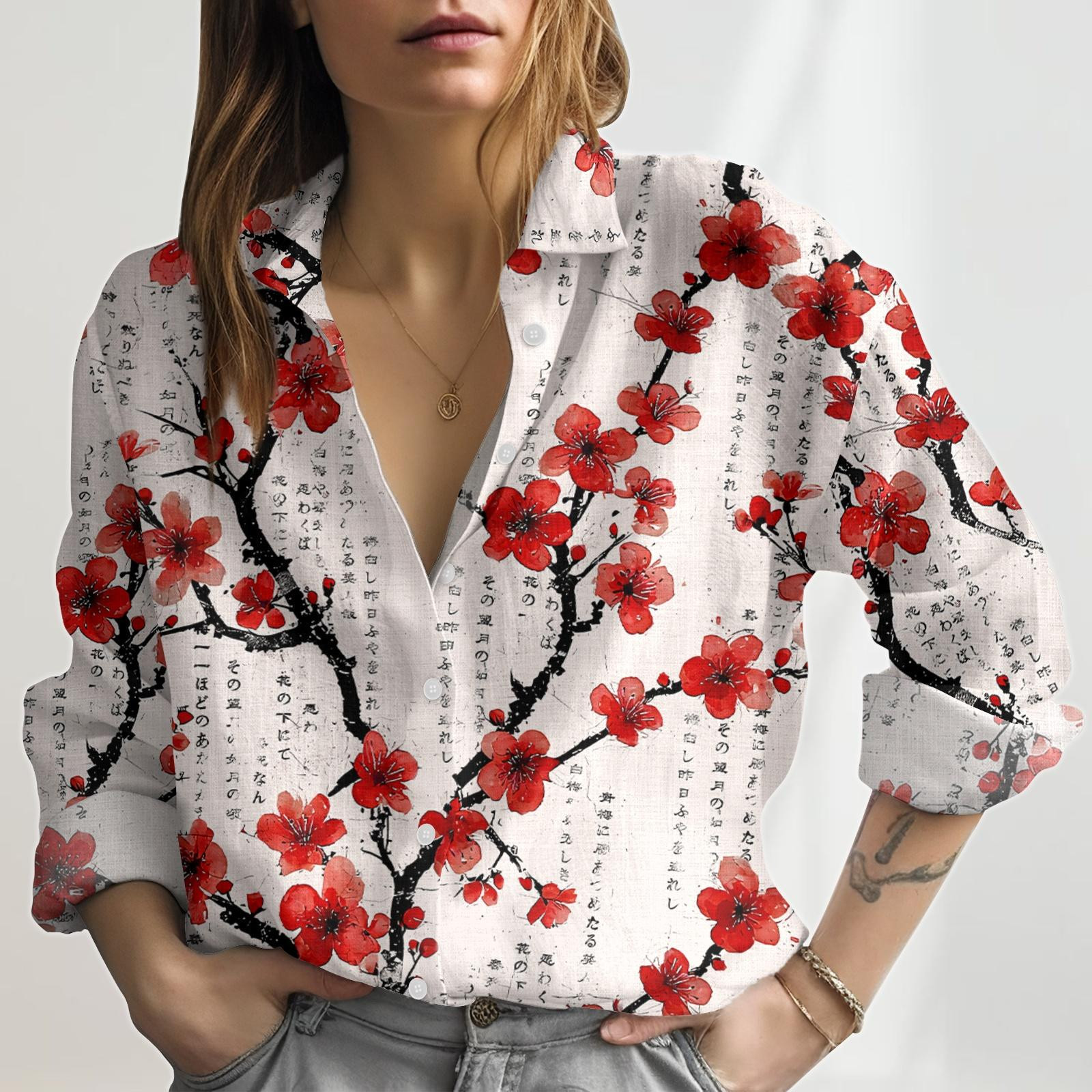 Cherry Blossom Look Shirt Sakura Flower Women Shirt Japanese Blouse Top