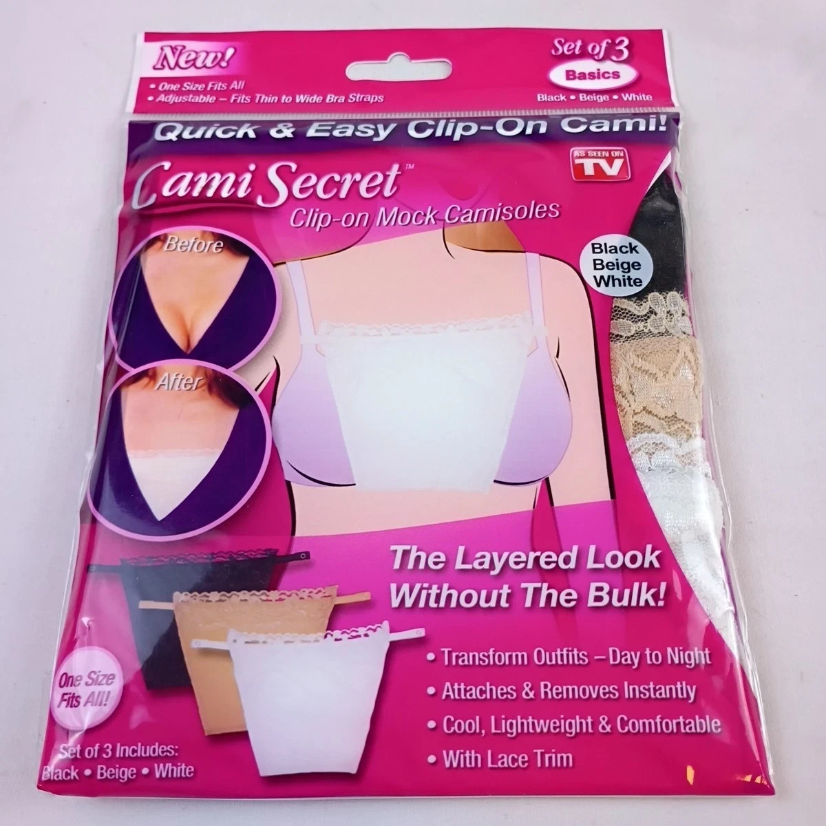 Cami Secret Clip-On Mock Camisoles Set of 3 Basics Black, Beige, White Brand New