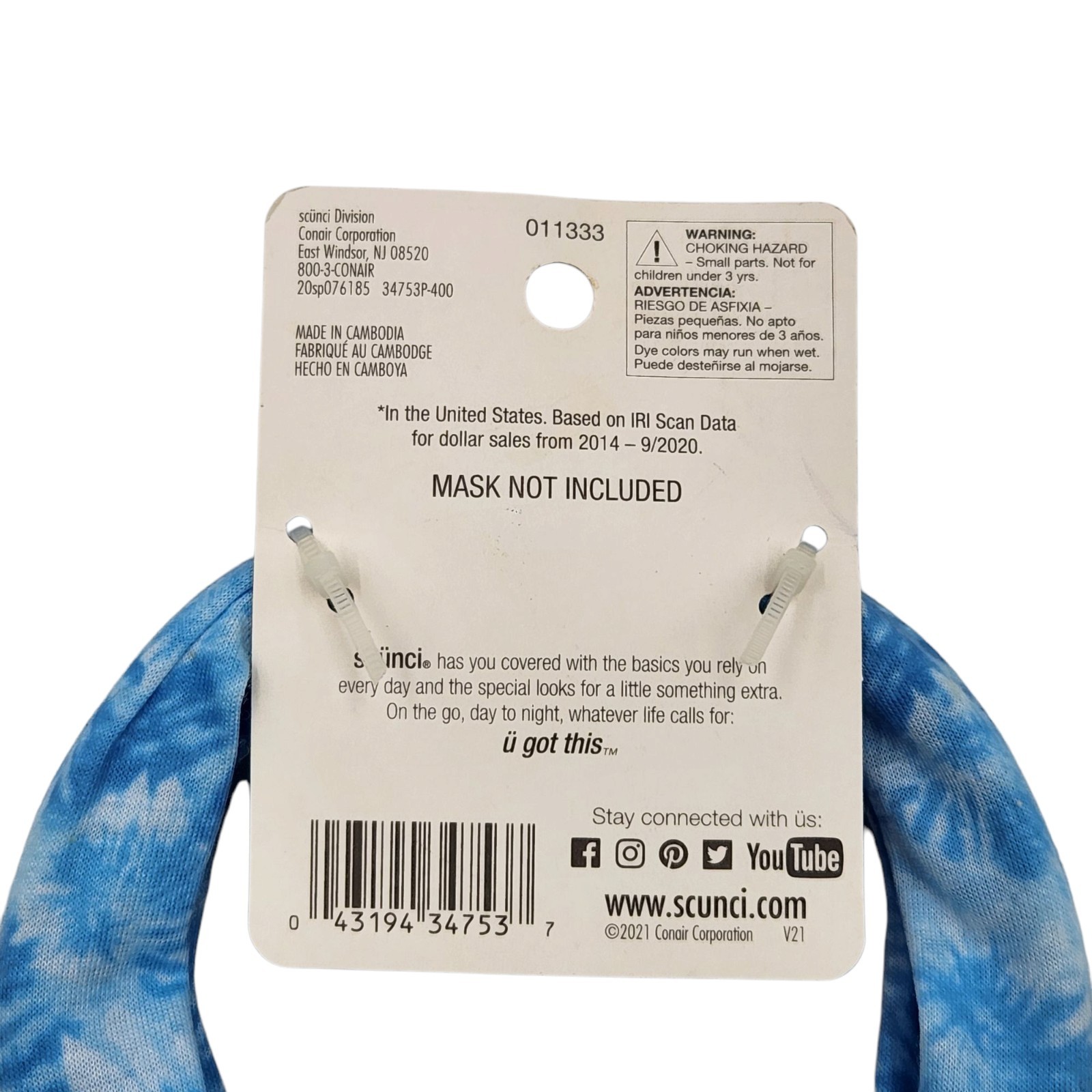 Scunci U Got This Headband with Buttons for Mask 3 Pcs Multicolor Tie Dye Set