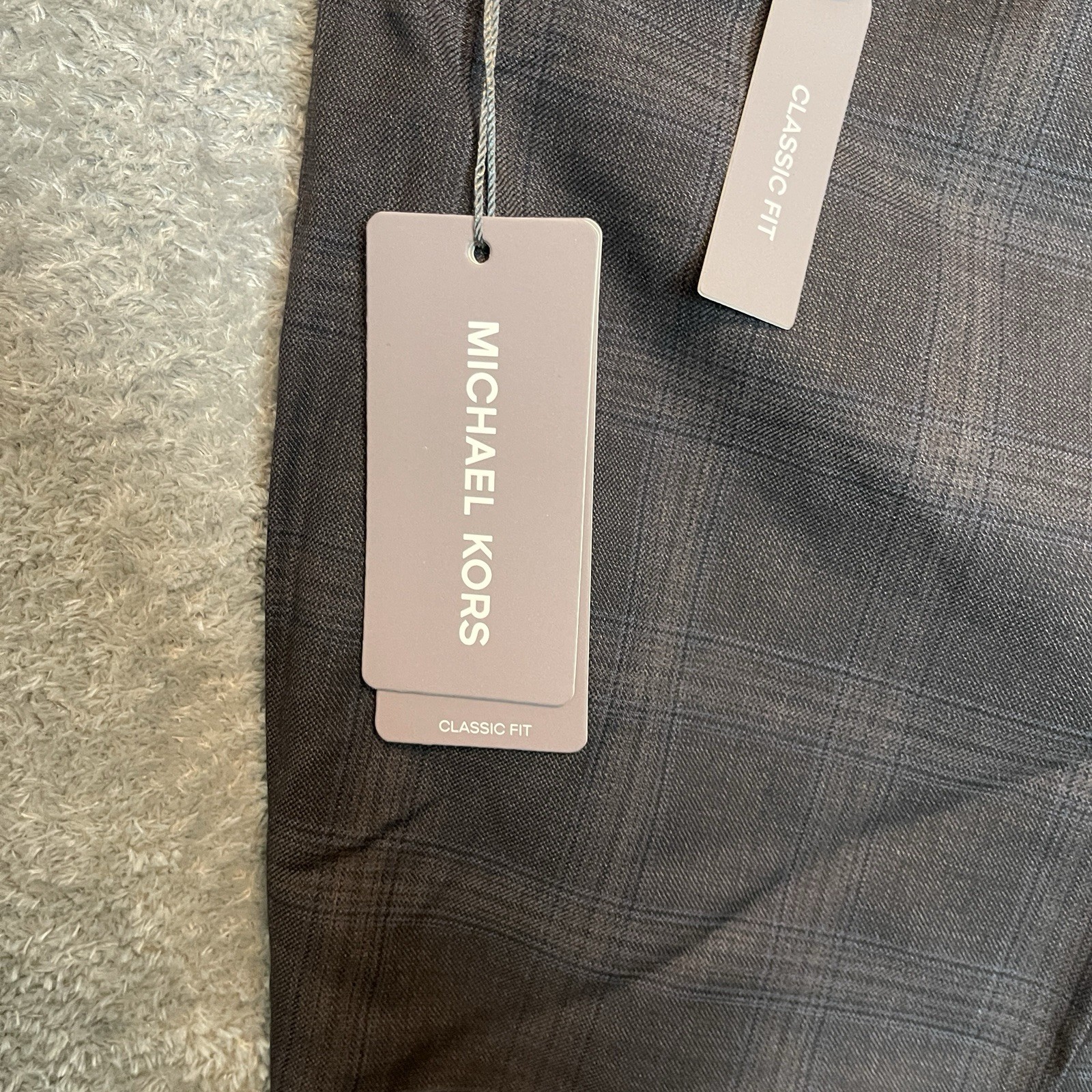 Michael Kors Mens Malone Classic Fit Plaid Wool Stretch Suit Pant Charcoal Brown