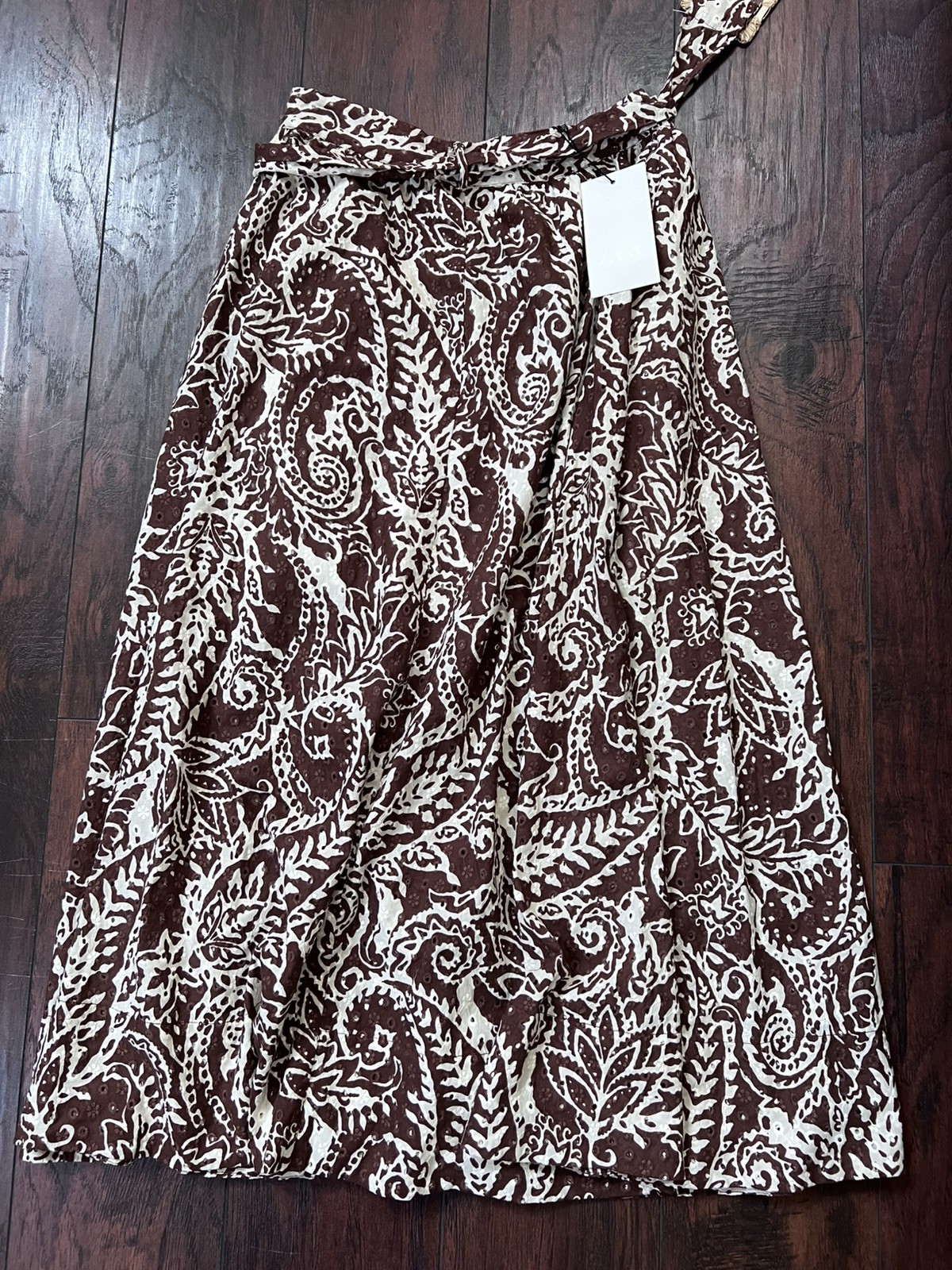 NWT Zara Embroidered Eyelet Midi Skirt Paisley-style Brown A-line Cotton Size S