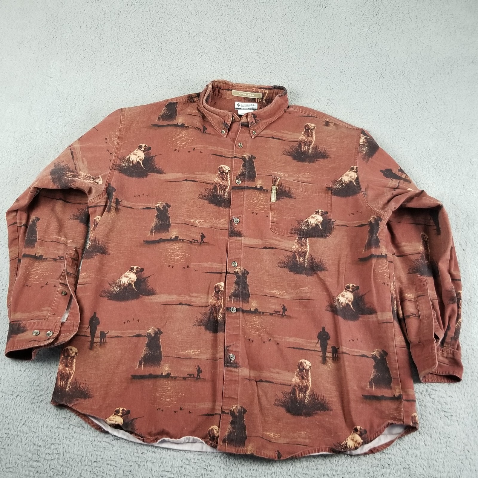 Columbia River Lodge AOP Button Shirt All Over Dog Print Brown Rust Mens 2XB Big