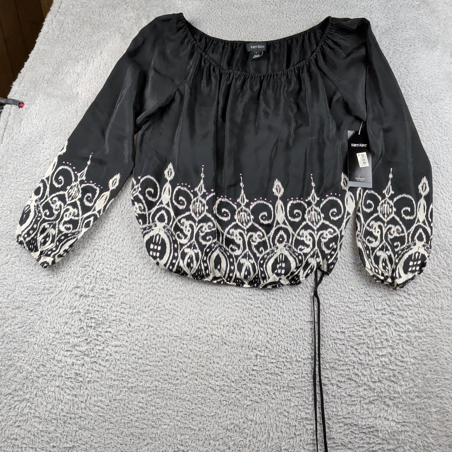 Karen Kane Top Women L Black White 100% Silk Dream Girl Blouse Border Pullover