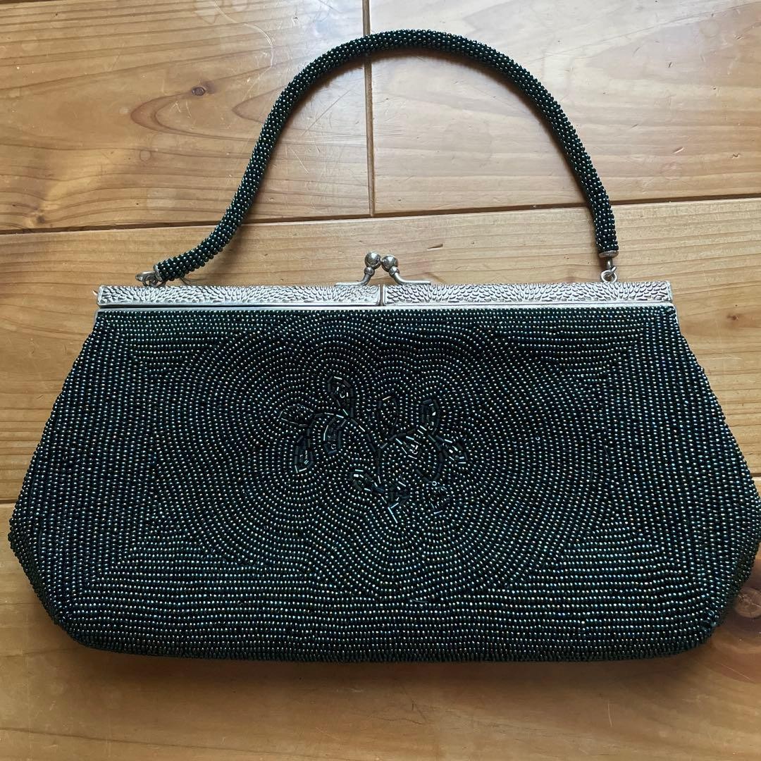 Dark Green Beaded Party Bag with Floral Pattern, Clasp Closure, 9.8×5.7 inches