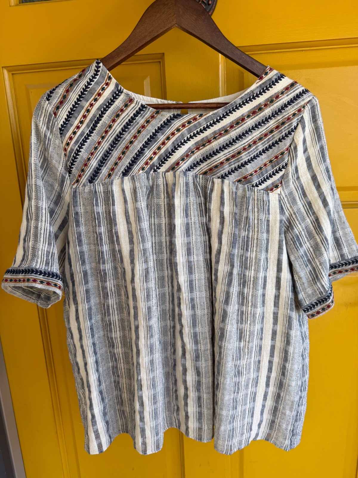 Orange Creek Boho Cream and Blue Lined Blouse Size L