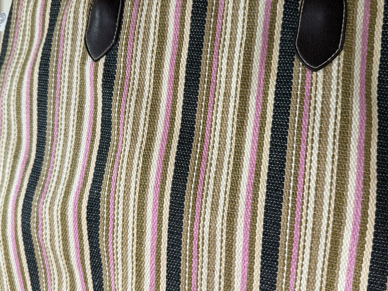 Engage Green Striped Large Tote Bag Leather Trim Brown Double Handles w/ Pouch