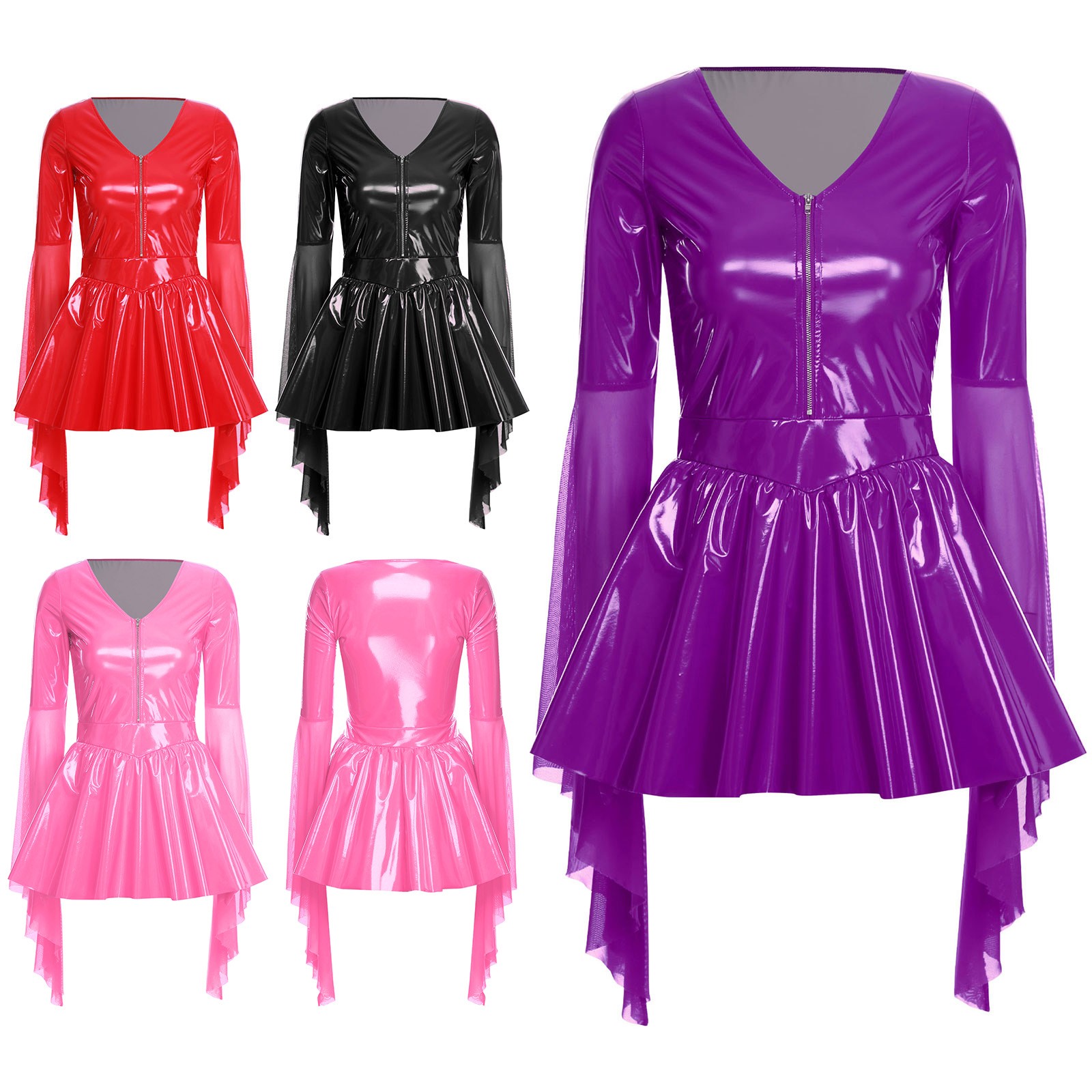 Women Wet Look PVC Leather Mini Dress Punk Shiny Dress Mesh Long Sleeves Outfits