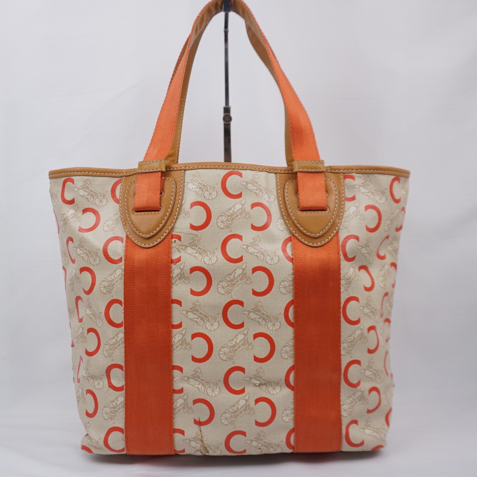 CELINE C Sulky Carriage Horse Tote Bag Coated Canvas Leather Orange Auth