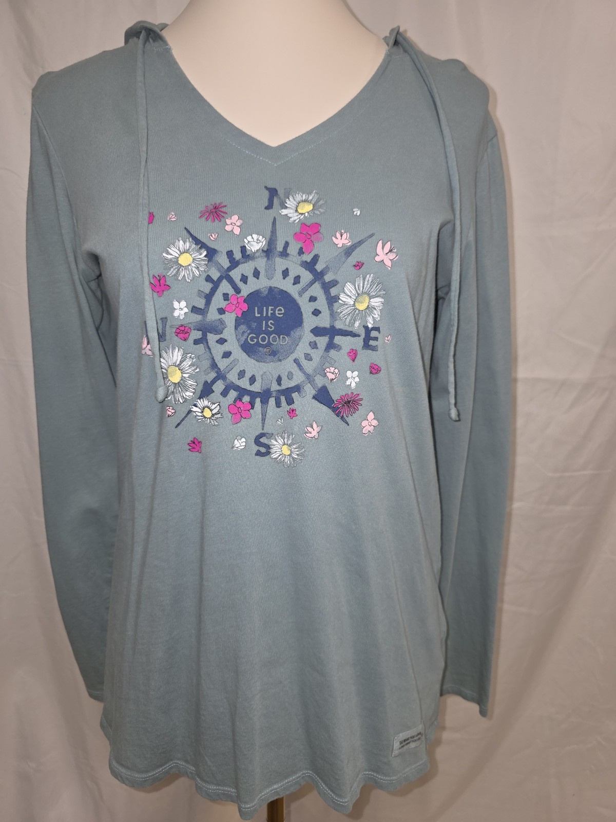 Life Is Good Blue Floral Hoodie Womens Size Small With Compass