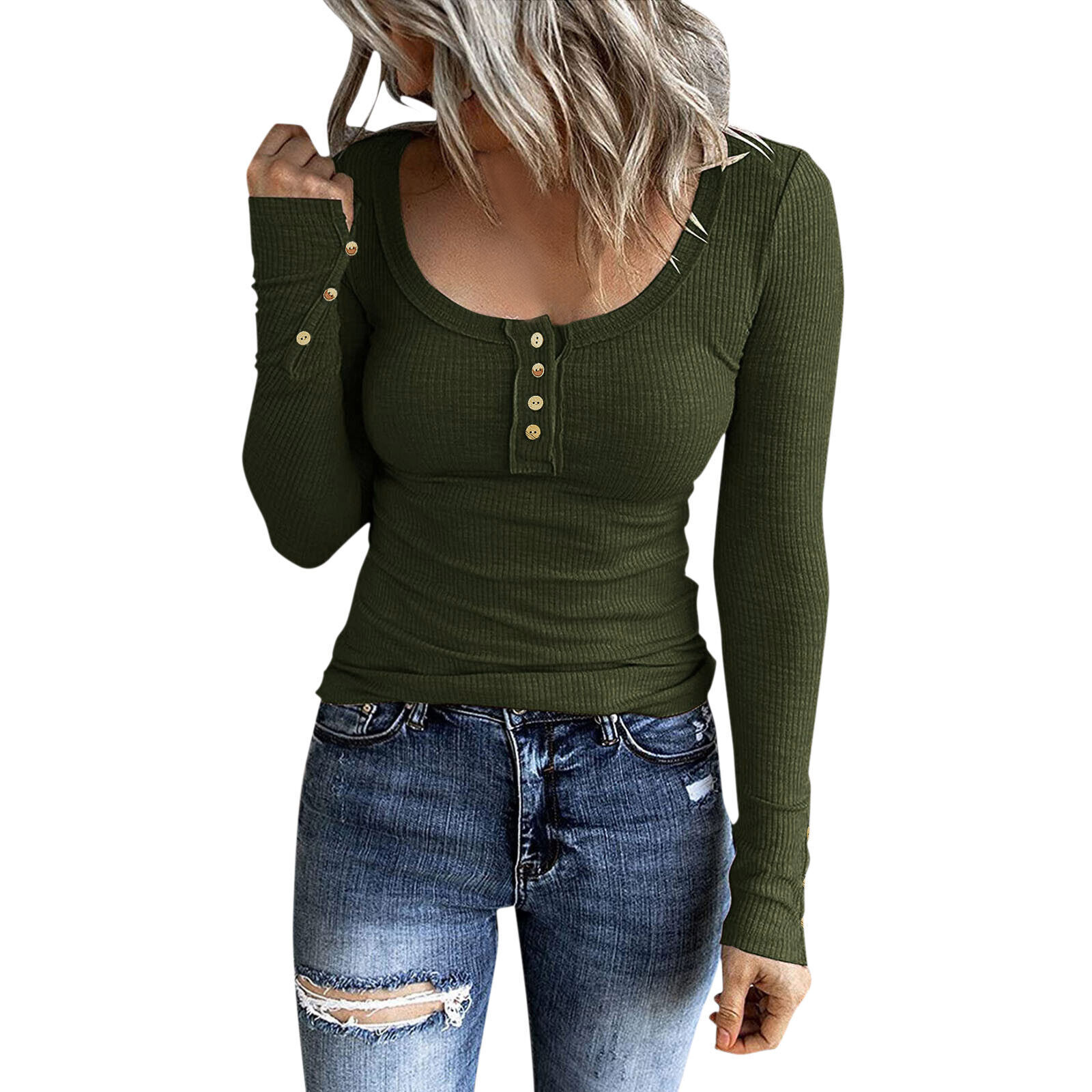 Lady Long Sleeve Henley T Shirt Button Slim Fit Top Scoop Neck Ribbed Knit Shirt