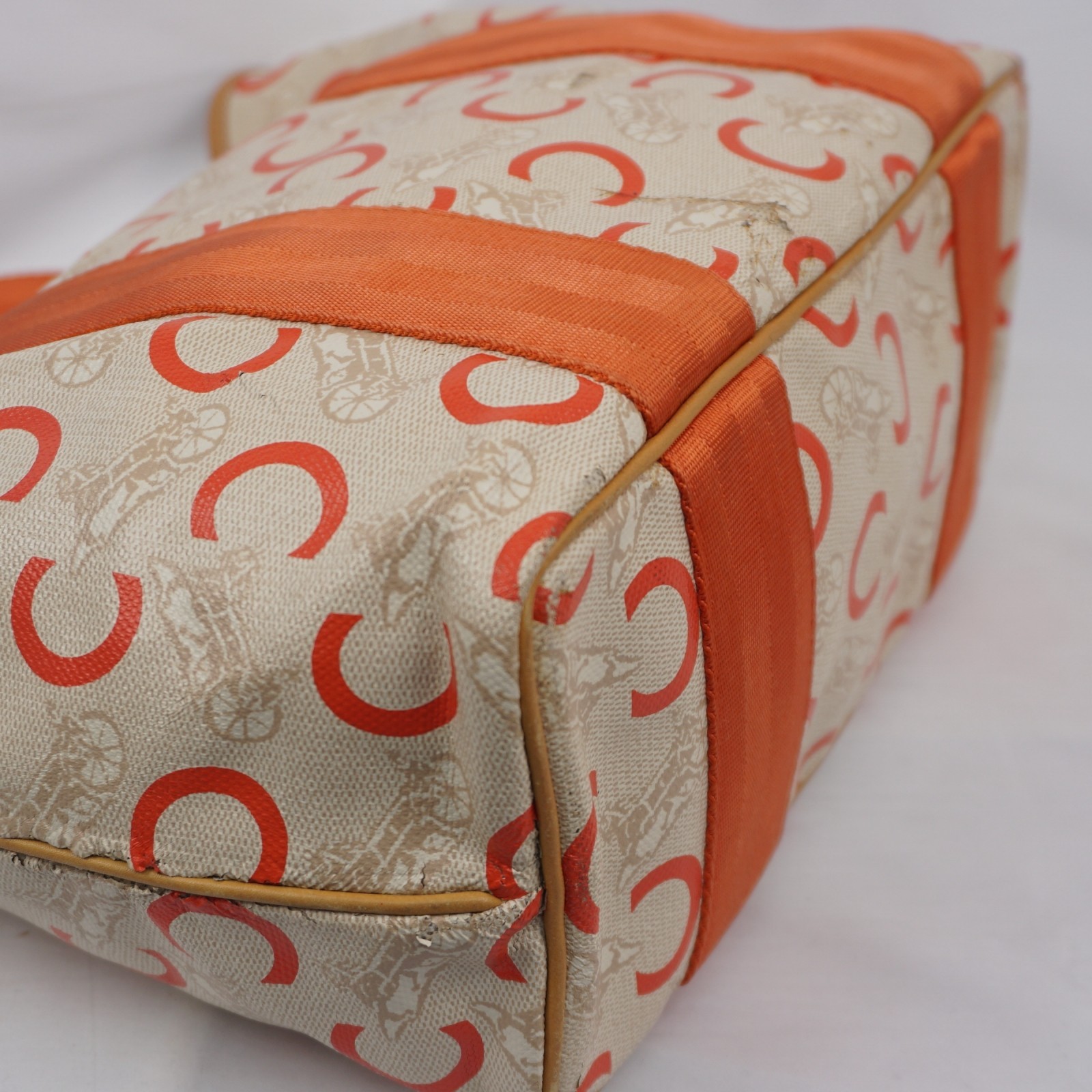 CELINE C Sulky Carriage Horse Tote Bag Coated Canvas Leather Orange Auth