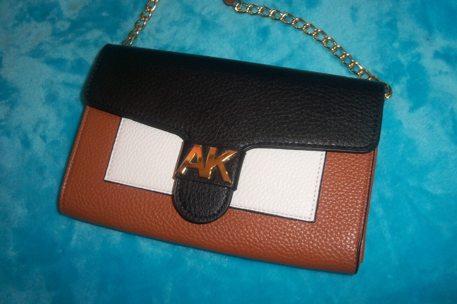 New ANNE KLIEN Black & Saddle Brown Wallet Crossbody Bag – CHAIN STRAP – PEBBLED