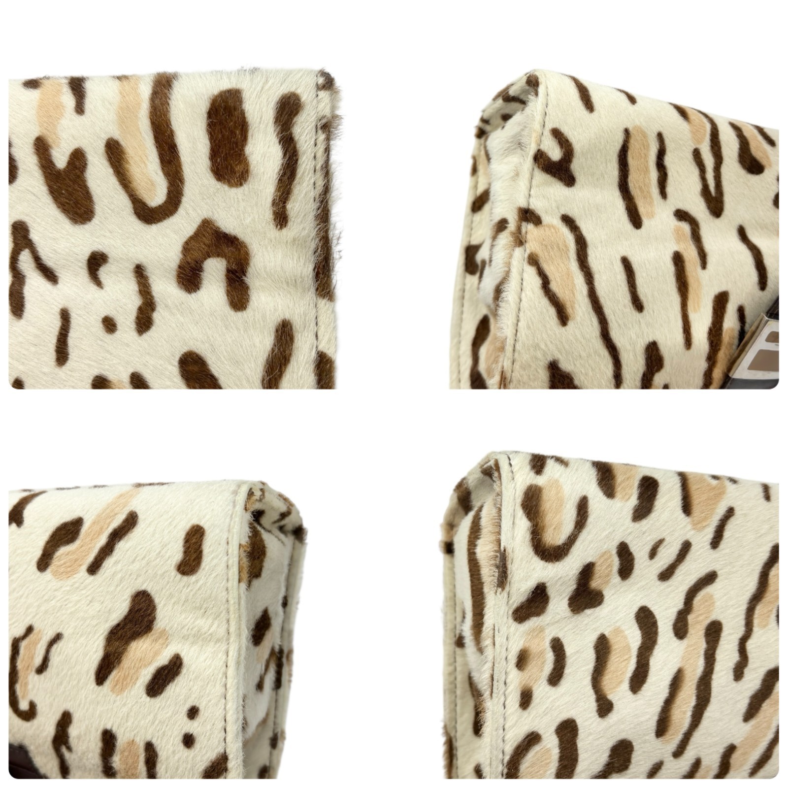 FENDI Vintage FF Logo Leopard Mamma Baguette Shoulder Bag Cream Brown Calf Hair
