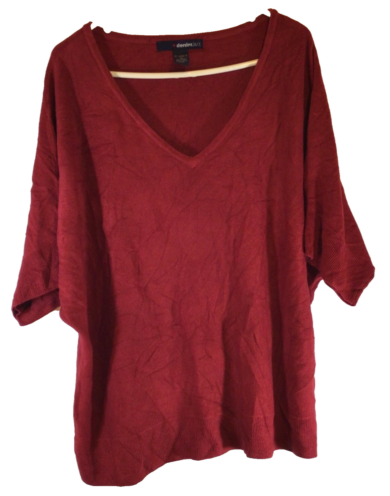 Denim 24/7 1X Red Knit Sweater Top V-Neck Batwing Dolman Sleeve Boho Fall Cozy