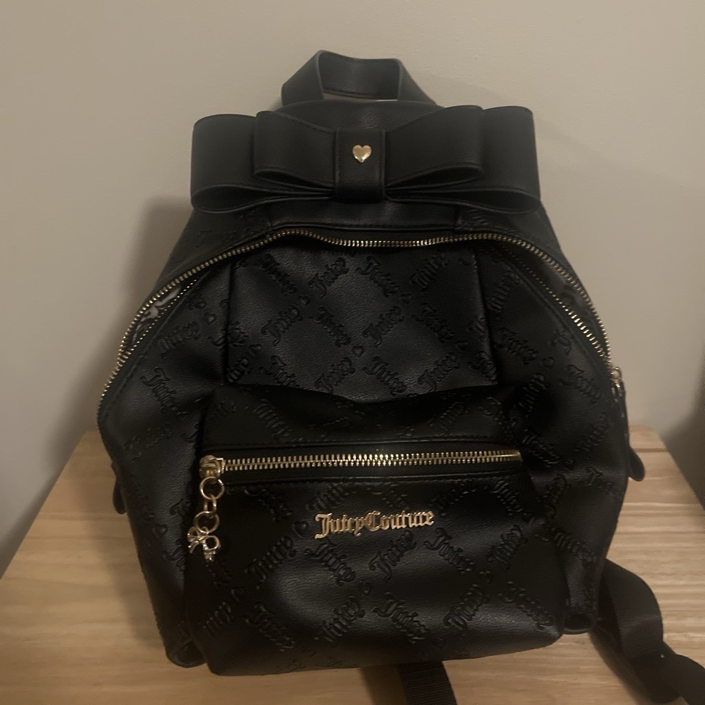 Juicy Couture Black Small Backpack Quilted Logo Bow, Gold Hardware Zip, Charm