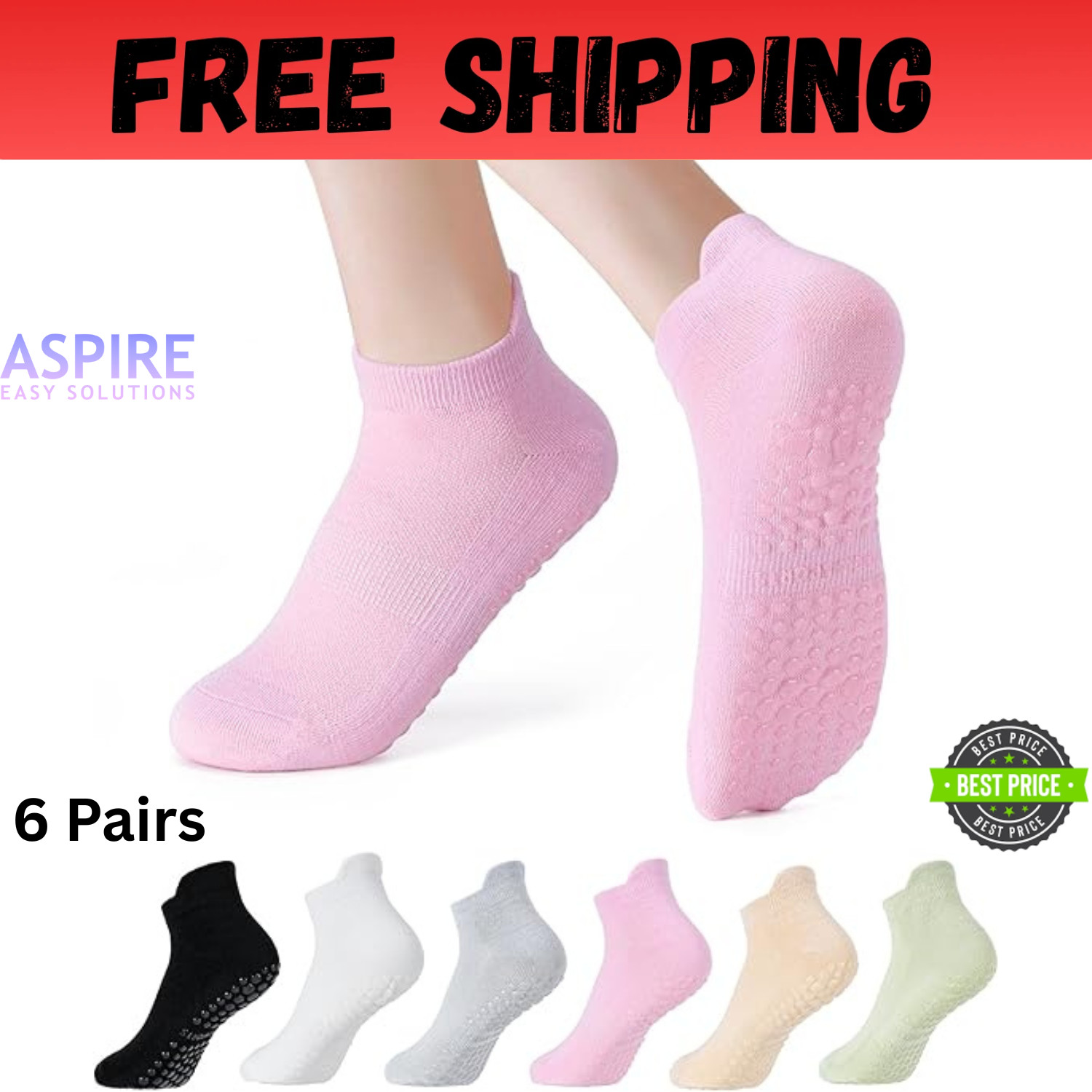 6 Pairs Women’s Yoga Socks with Grippers, Anti-Slip Pilates Dance Socks