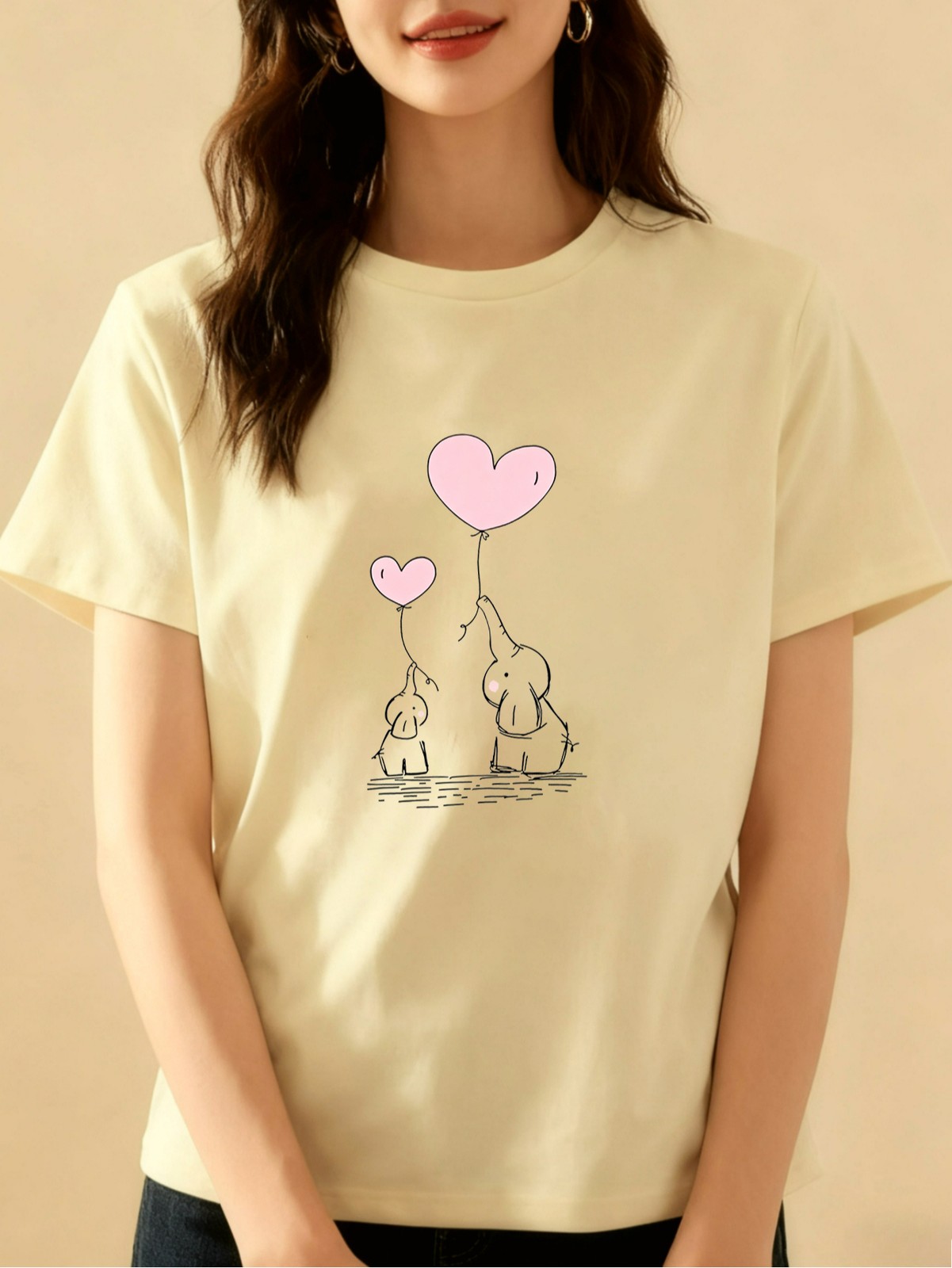 Cute Elephant & Heart Balloons Graphic T-Shirt Soft Polyester Casual Daily Top