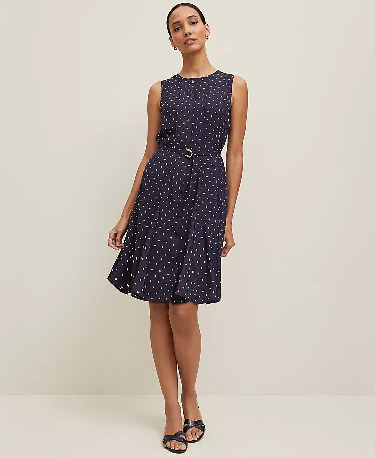 ANN TAYLOR $159 NIGHT SKY DOTTED BELTED FLARE DRESS SZ 4P 4 PETITE