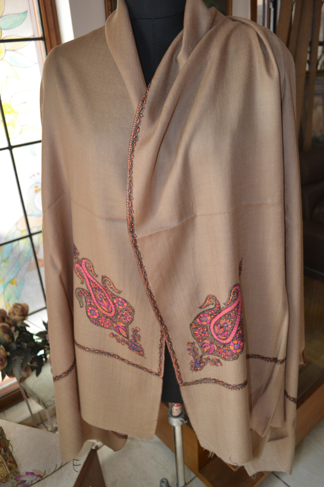 KASHMIRI HERITAGE MICRO BORDER EMBROIDERY DAUR SHAWL MOSS – CASHMERE PASHMINA