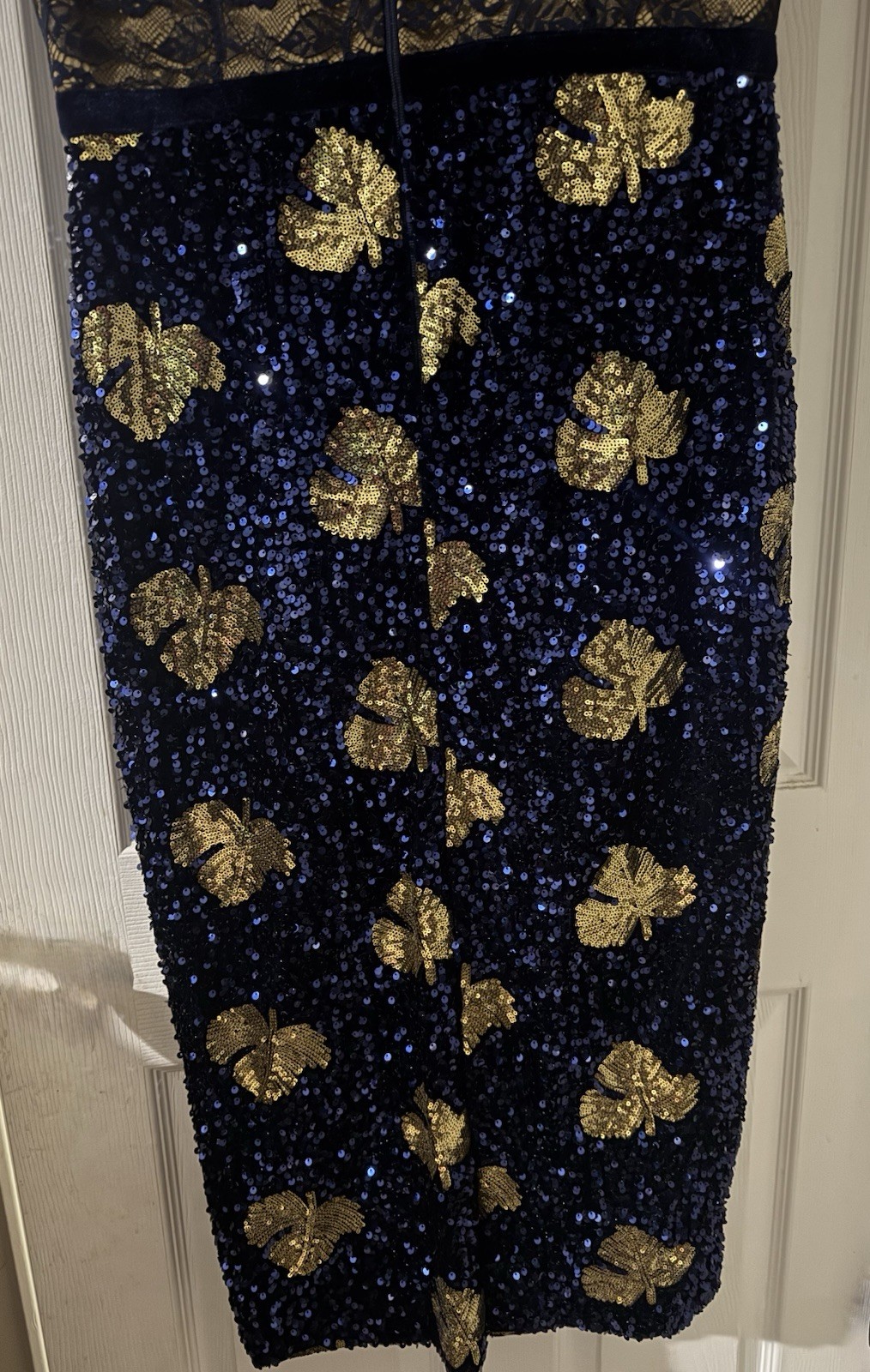 Blue Gold Sequin Floral Lace High Neck Sheath Midi Dress Zip Short Sleeve M