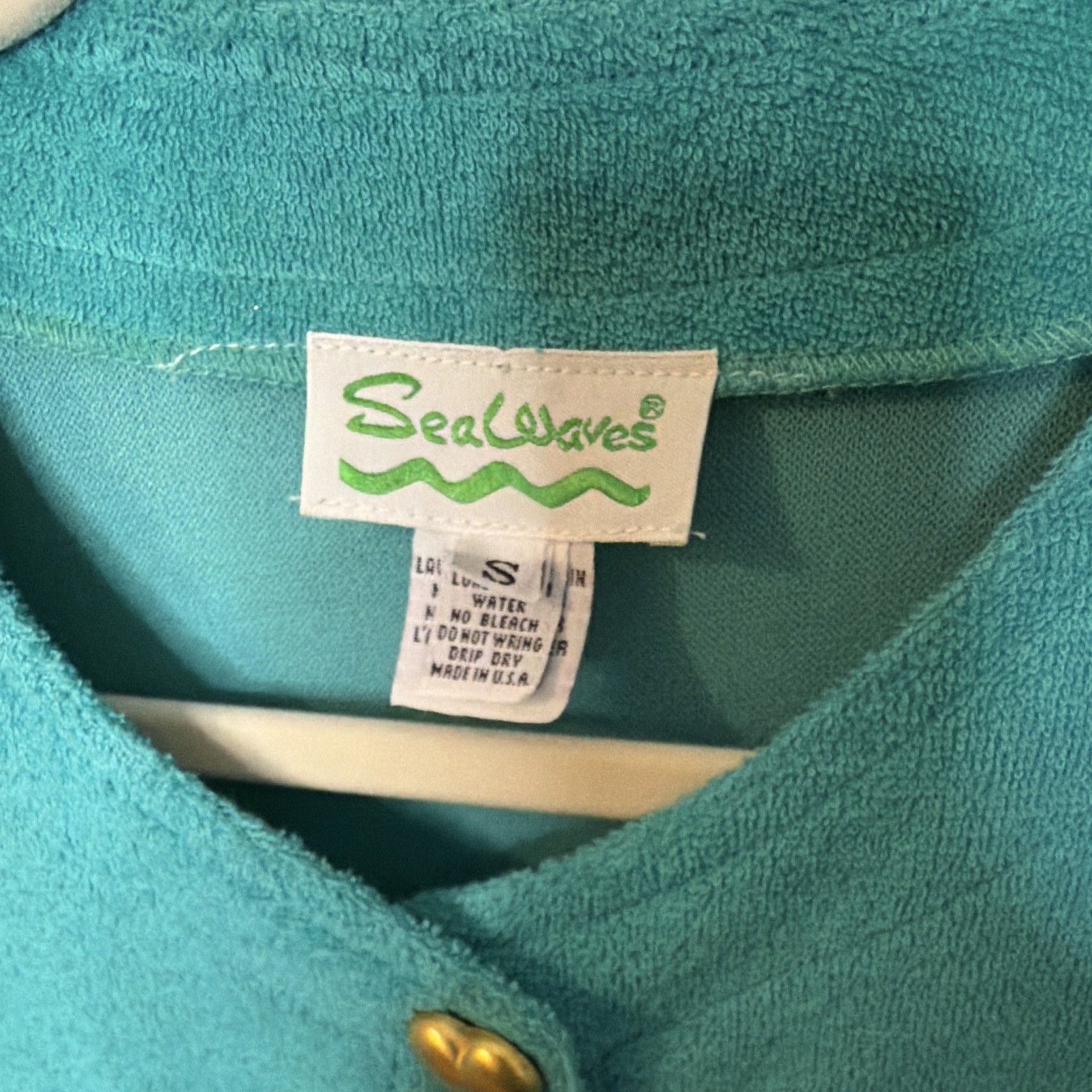Vintage Sea Waves Turquoise Solid swim cover up gold Heart Buttons Small