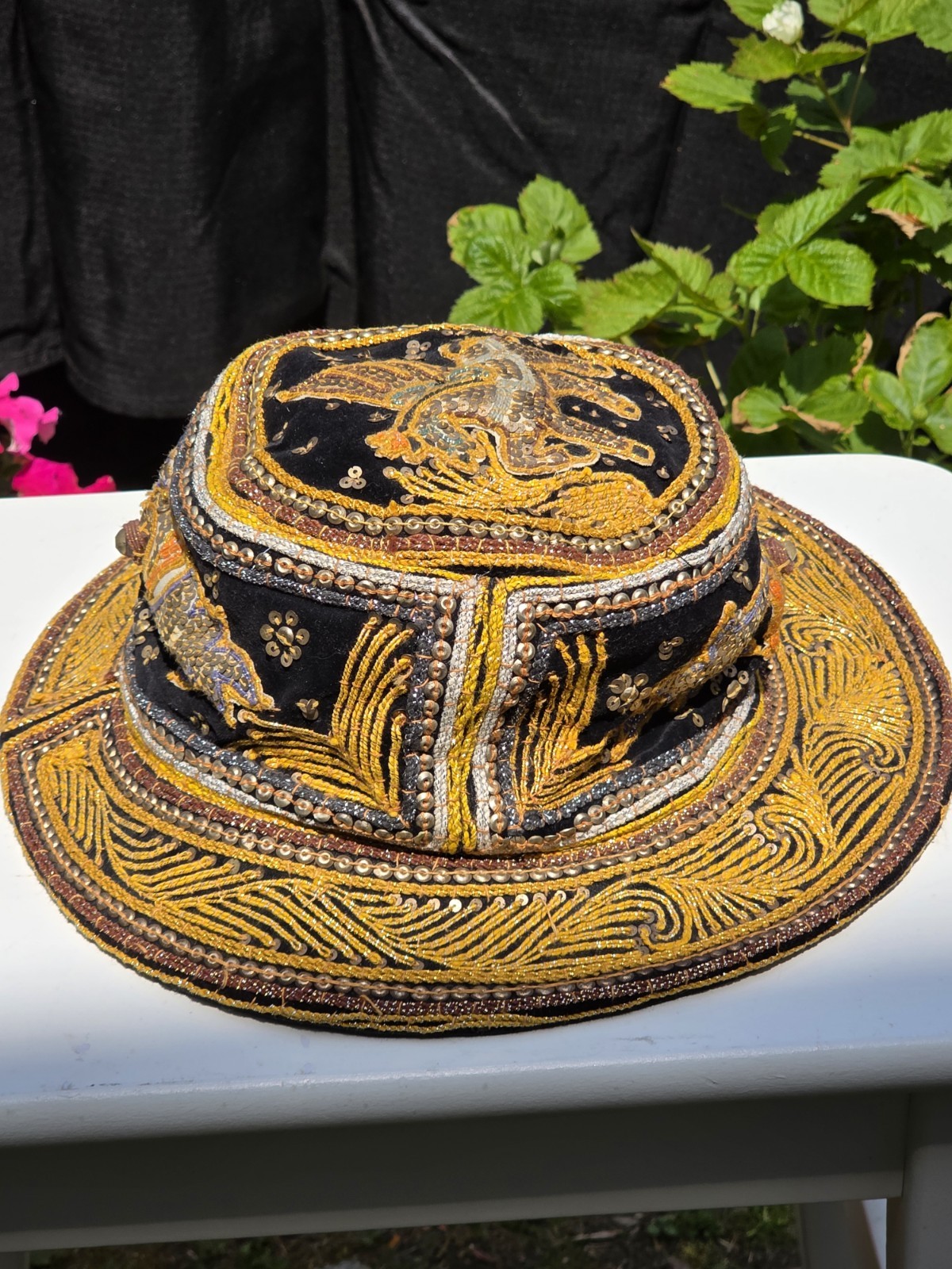 Vintage Myanmar Burmese Burma Kalaga Floppy Boho Hat Unicorn Sequins Embroidery