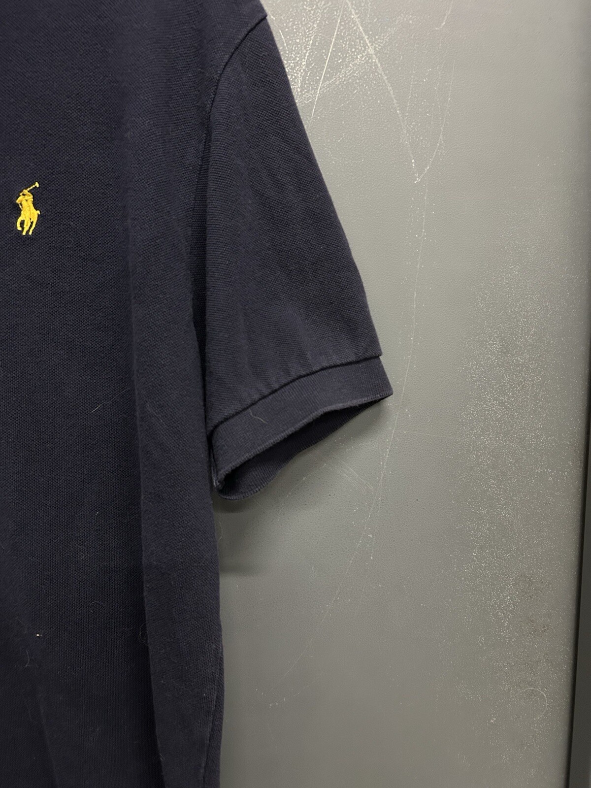 Men’s Navy Polo Ralph Lauren Half Button Collared T-Shirt Yellow Logo Size M