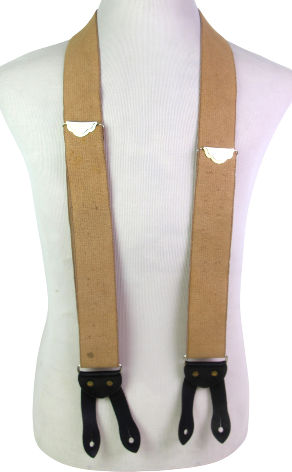 VTG Walking Boss BEIGE ELASTIC BLCK LEATHER BUTTON-ON X-BACK 2″Wd SUSPENDERS (P5
