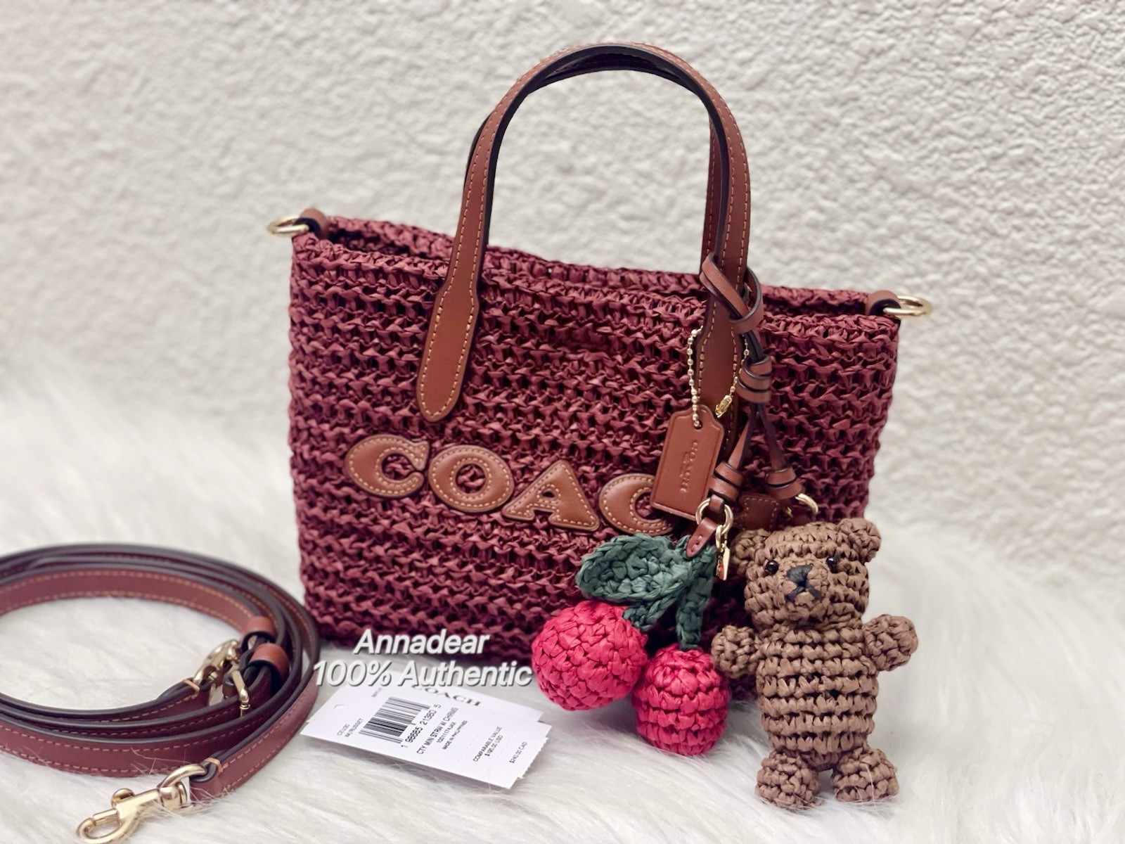 NWT Coach CEU30 City Mini Tote Bag With Charms in straw & Leather Gold/Russet