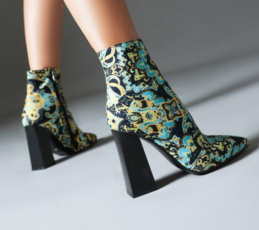 Retro Floral Women’s Pointed Toe Chunky Heels Side Zip Ankle Boots Fashion Pumps