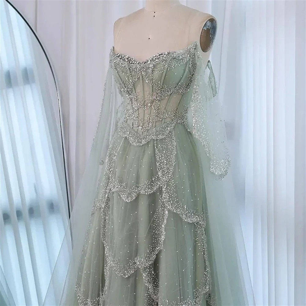 Green Evening Gown Off-Shoulder Lace-Up Back Crystal Bridal Gown-
