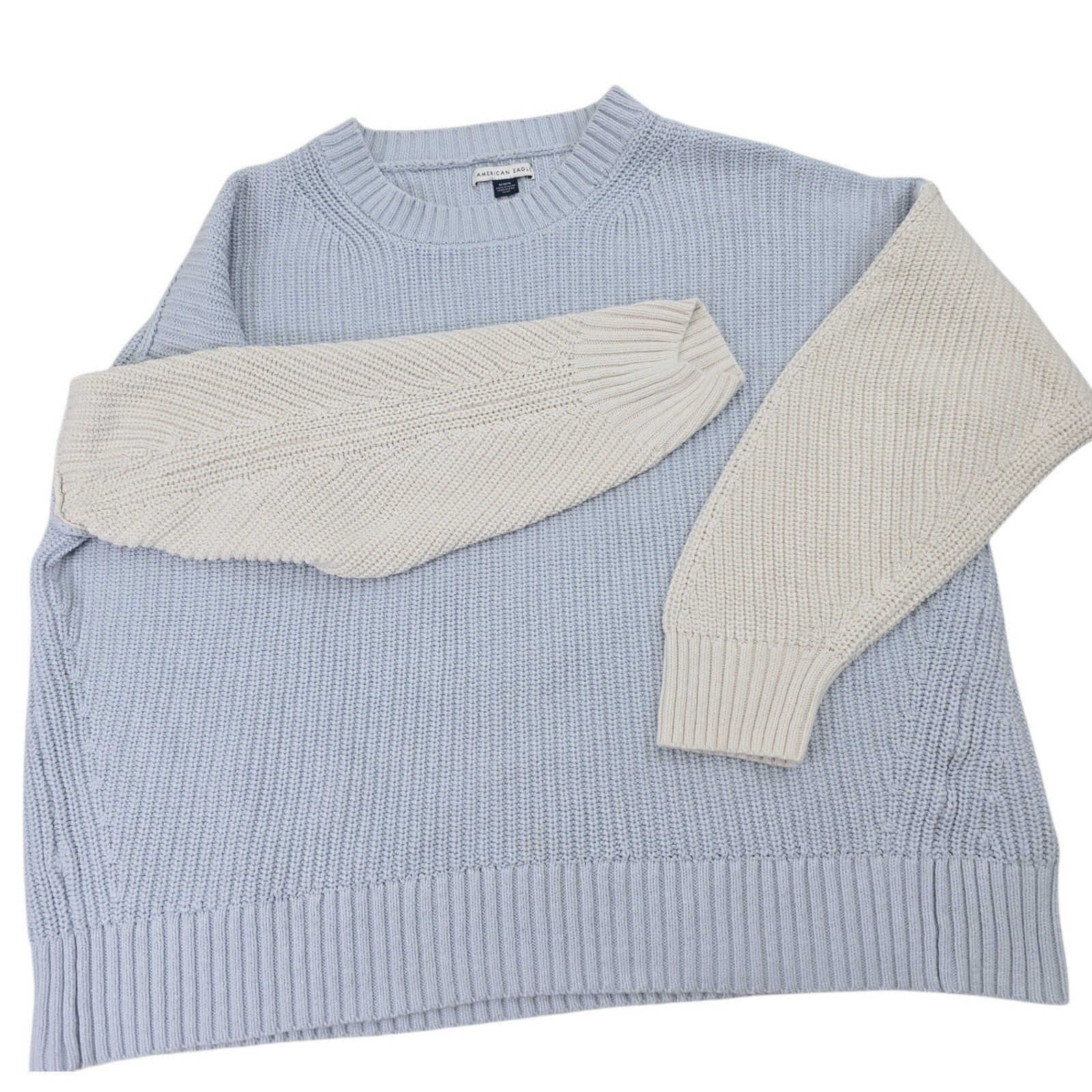 American Eagle M Blue Cream Colorblock Ribbed Chunky Cotton Sweater 00928