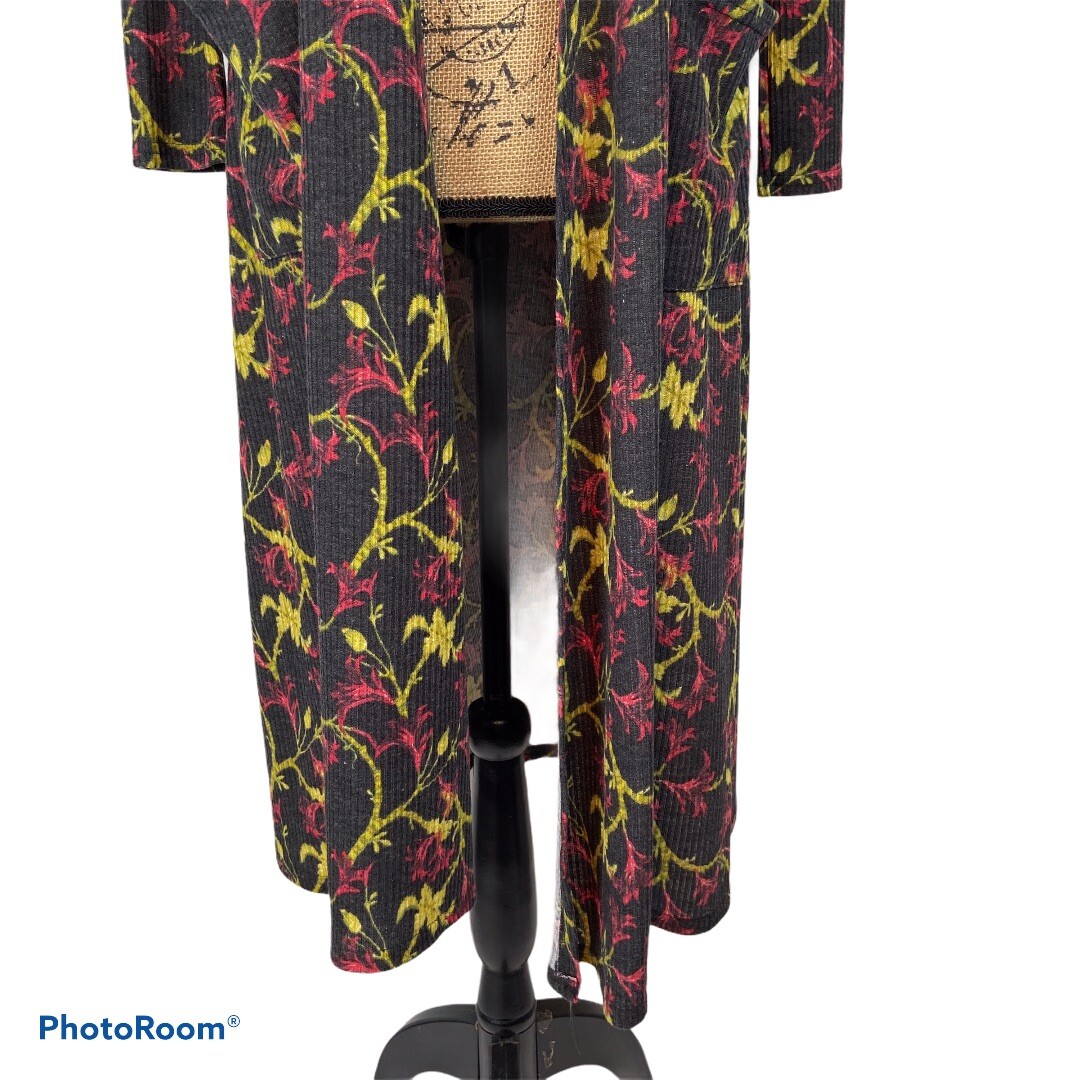 LuLaRoe Sarah Duster Cardigan XS NWT | Longline Boho Floral Black Red Open Front