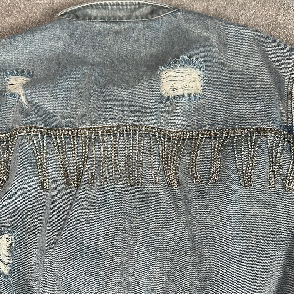 Distressed, rhinestone, fringe, jean jacket, grunge, punk band rock