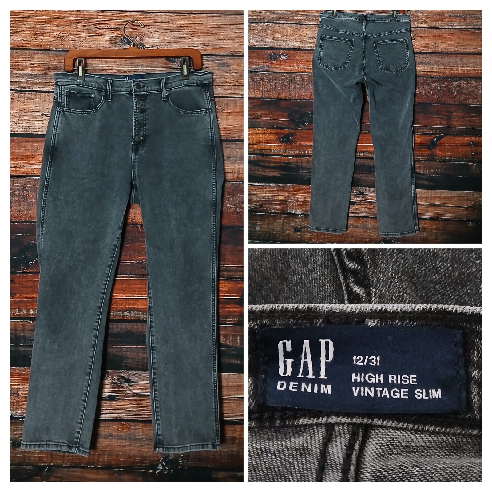 GAP Jeans 31 12 High Rise Vintage Slim Ankle Crop Button Fly Washed Black Denim