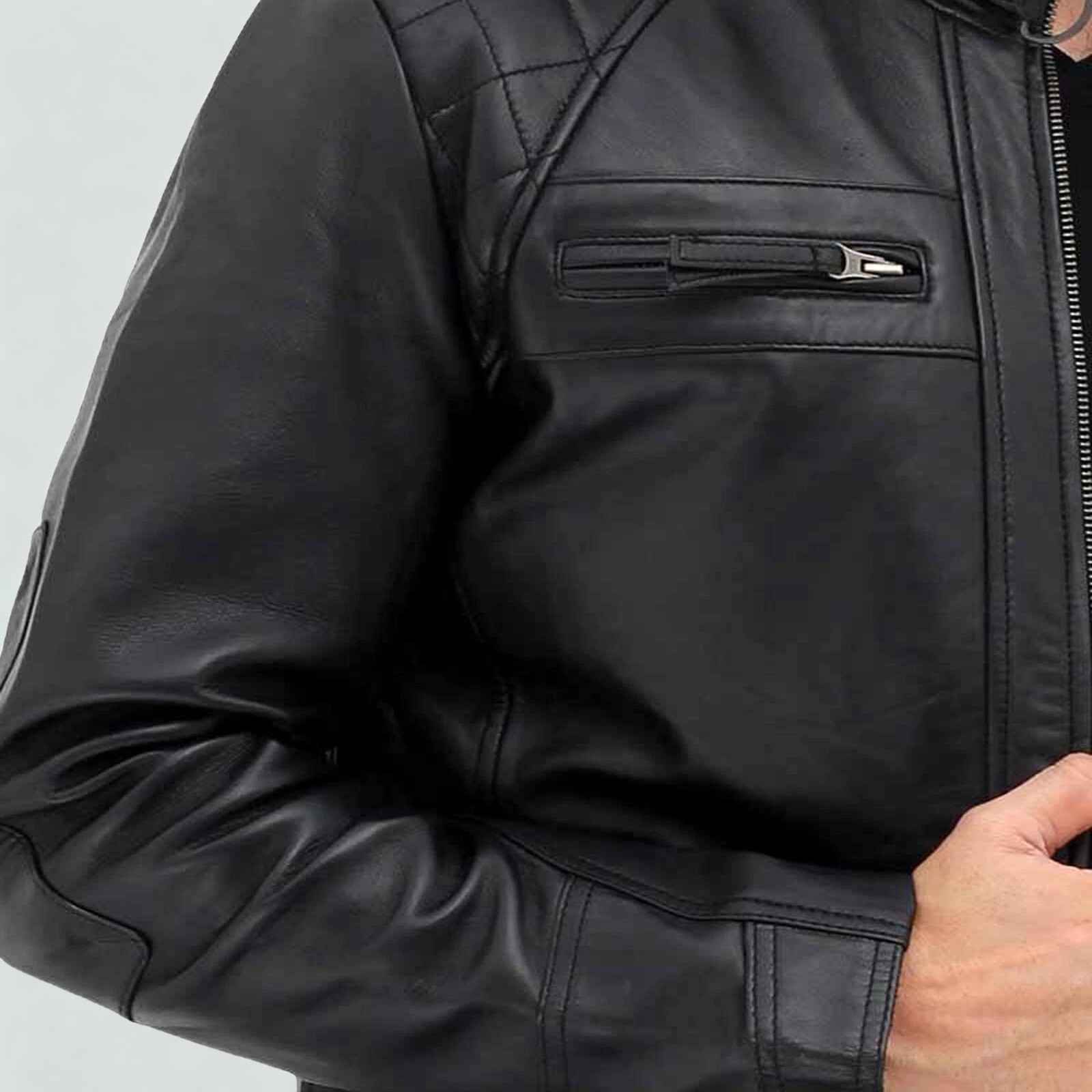 Men’s Genuine Sheepskin Leather Cafe Racer Motorcycle Biker Jacket Vintage Style
