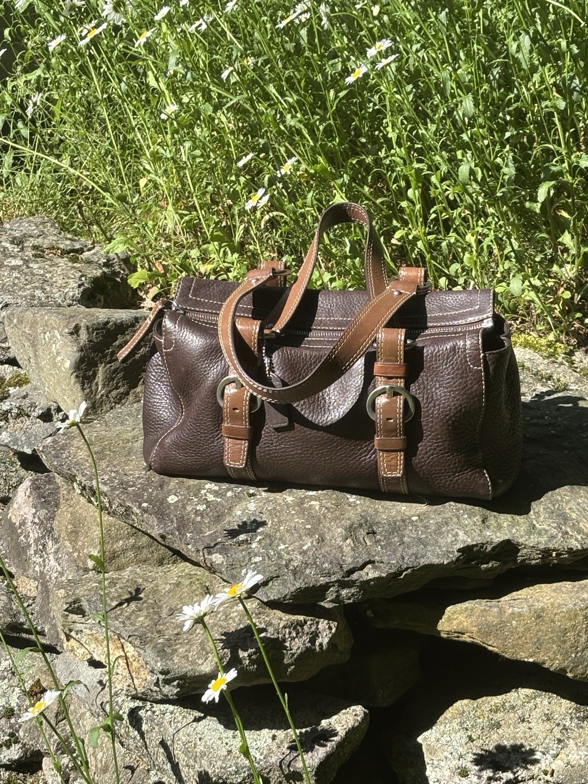 Coach F10887 Cocoa Brown Pebbled Leather Shoulder Tote Bag Purple Lining Hangtag