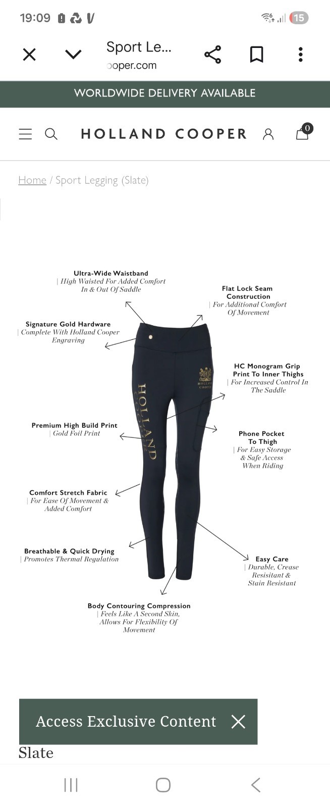 HOLLAND COOPER SPORT LEGGING IN BLACK/GOLD. UK MEDIUM.