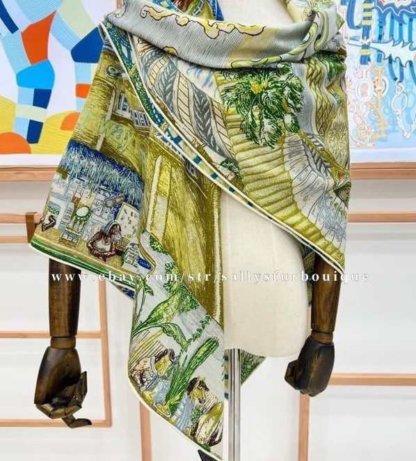 Sallys 70% Cashmere & 30% Silk Wrap Scarf City Print Double Face Shawl 53″ Green
