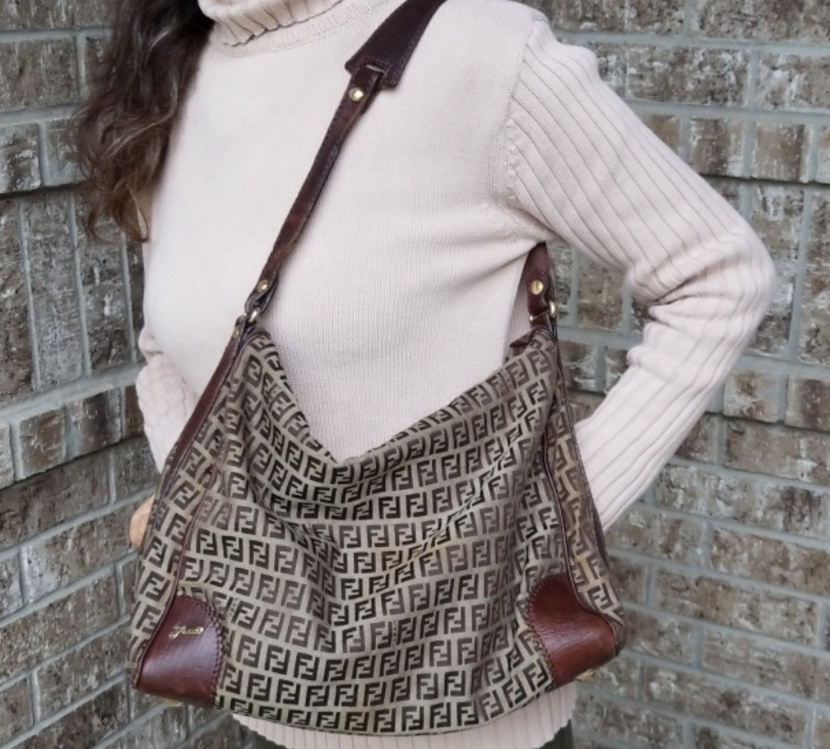 Fendi FF Monogram Medium Hobo Shoulder Bag Brown Beige Zip Detachable Strap