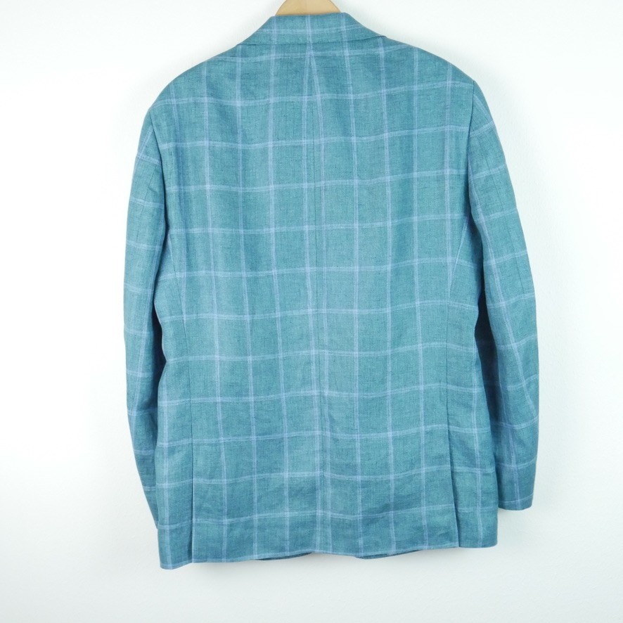 Tallia Men’s 100% Linen Teal Blue Windowpane Plaid Sport Coat Jacket Blazer 40R