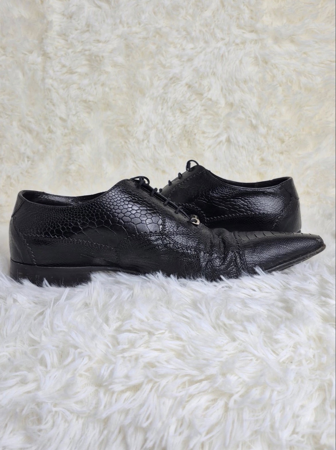 Cesare Paciotti Men’s Black Leather Reptile Embossed Pointed Toe Oxfords 10