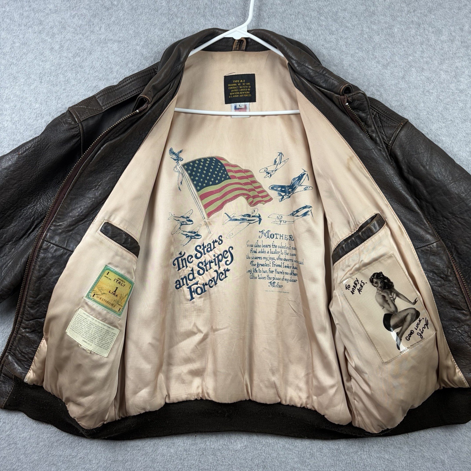 Vintage Avirex A2 Jacket Mens Large Brown Leather Flight Bomber USAF Pinup Flag