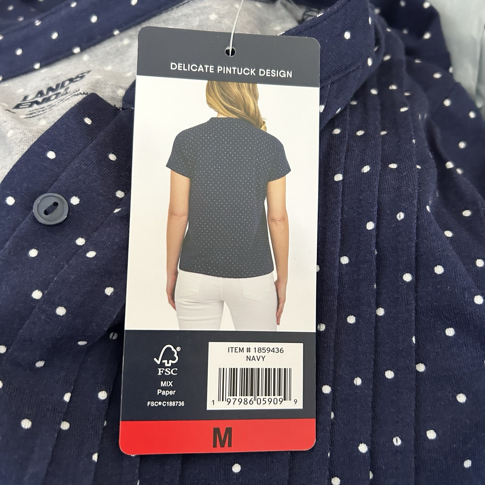 Lands’ End Women’s Navy Polka Dot Pintuck Knit Henley Top, Short Sleeve, Size M.