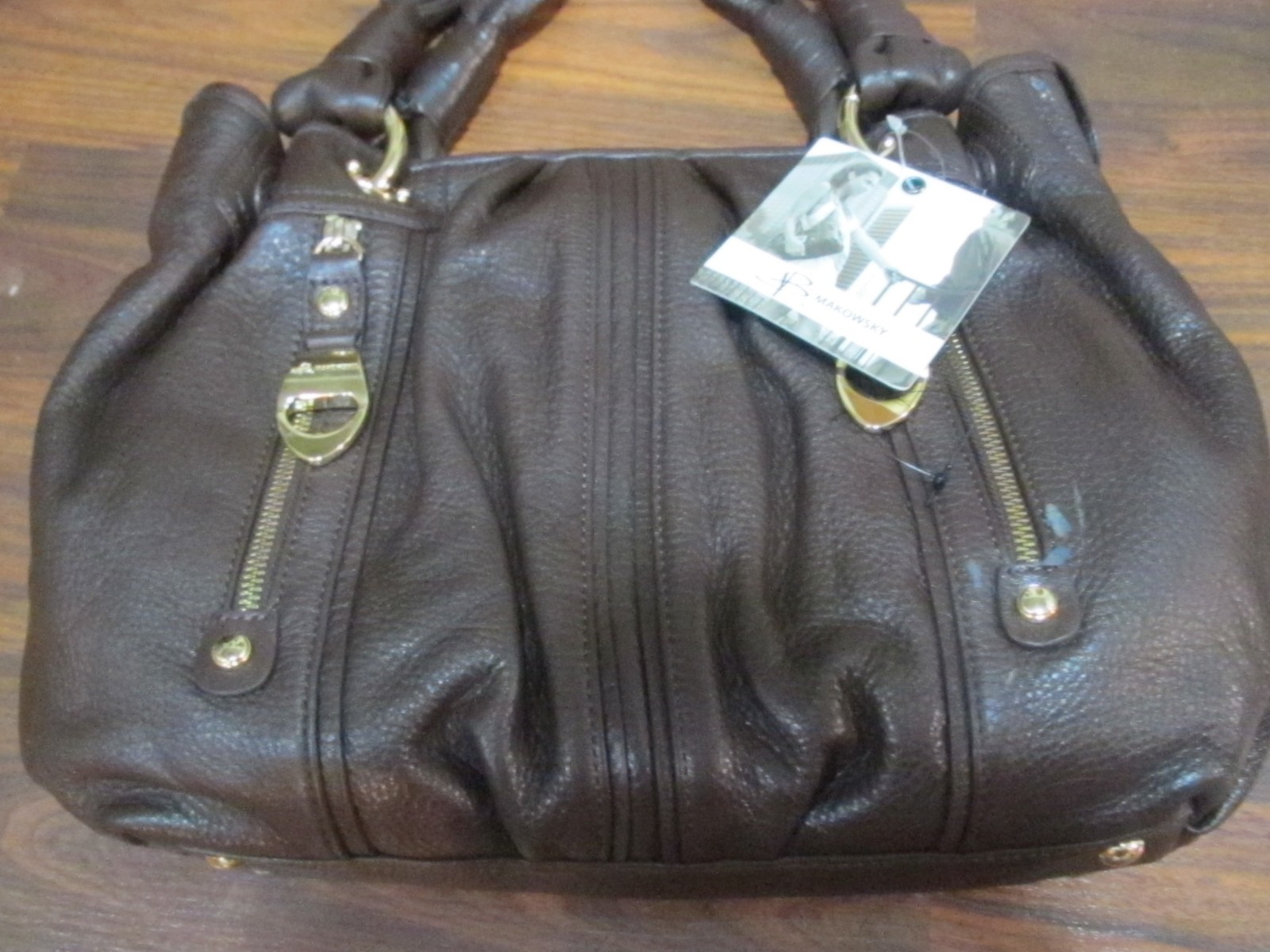 NWT! B. MAKOWSKY DARK BROWN PEBBLE LEATHER DOUBLE HANDLE HOBO TOTE BAG PURSE