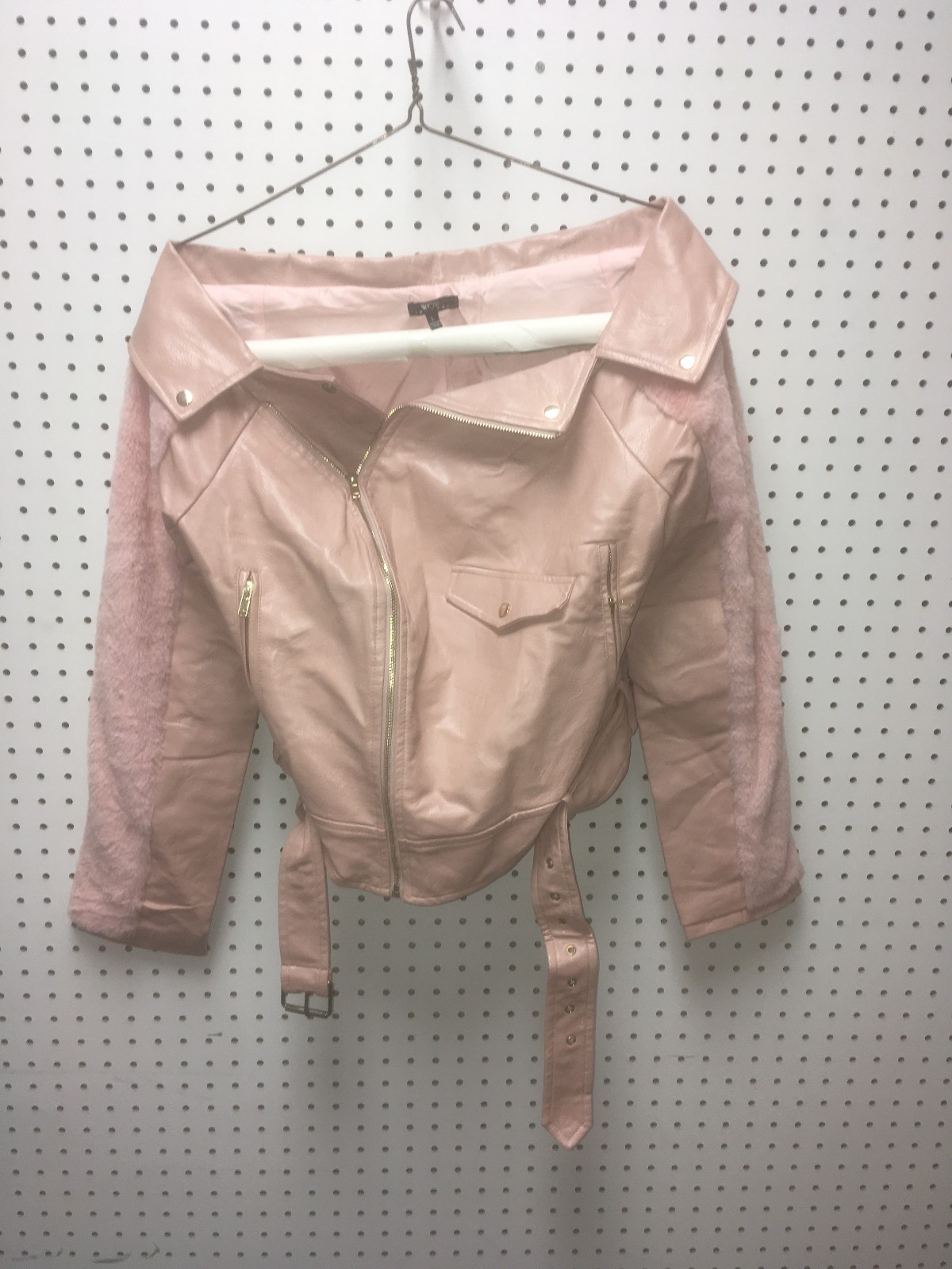 WOW Couture Faux Leather Off the shoulder biker jacket Pink , zip belt Size LRG