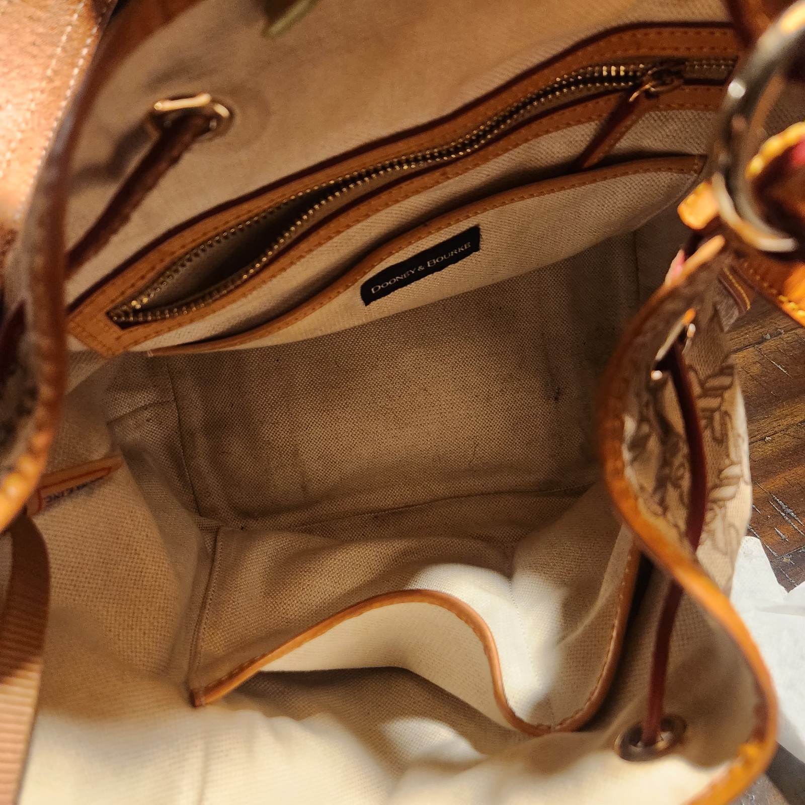 Dooney & Bourke Logo Bucket Drawstring Shoulder Bag Beige/Brown Gold Hardware